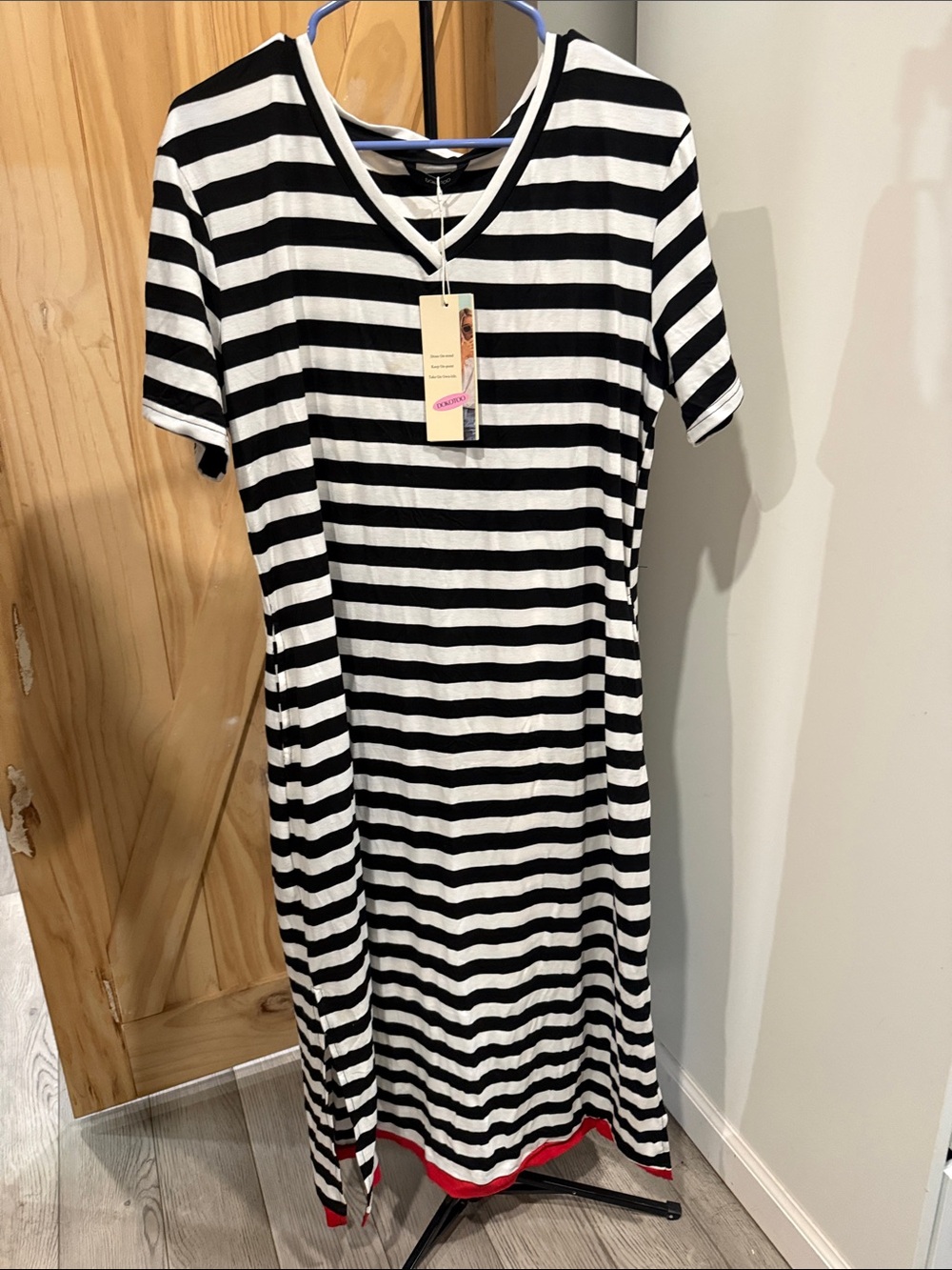 Black and White Striped V-Neck Midi Dress with Red Hem